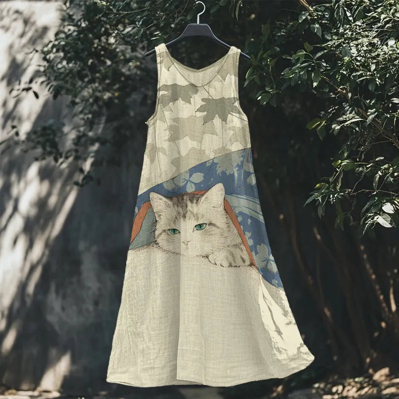 Lovely Cat Japanese Art V Neck Linen Maxi Dress