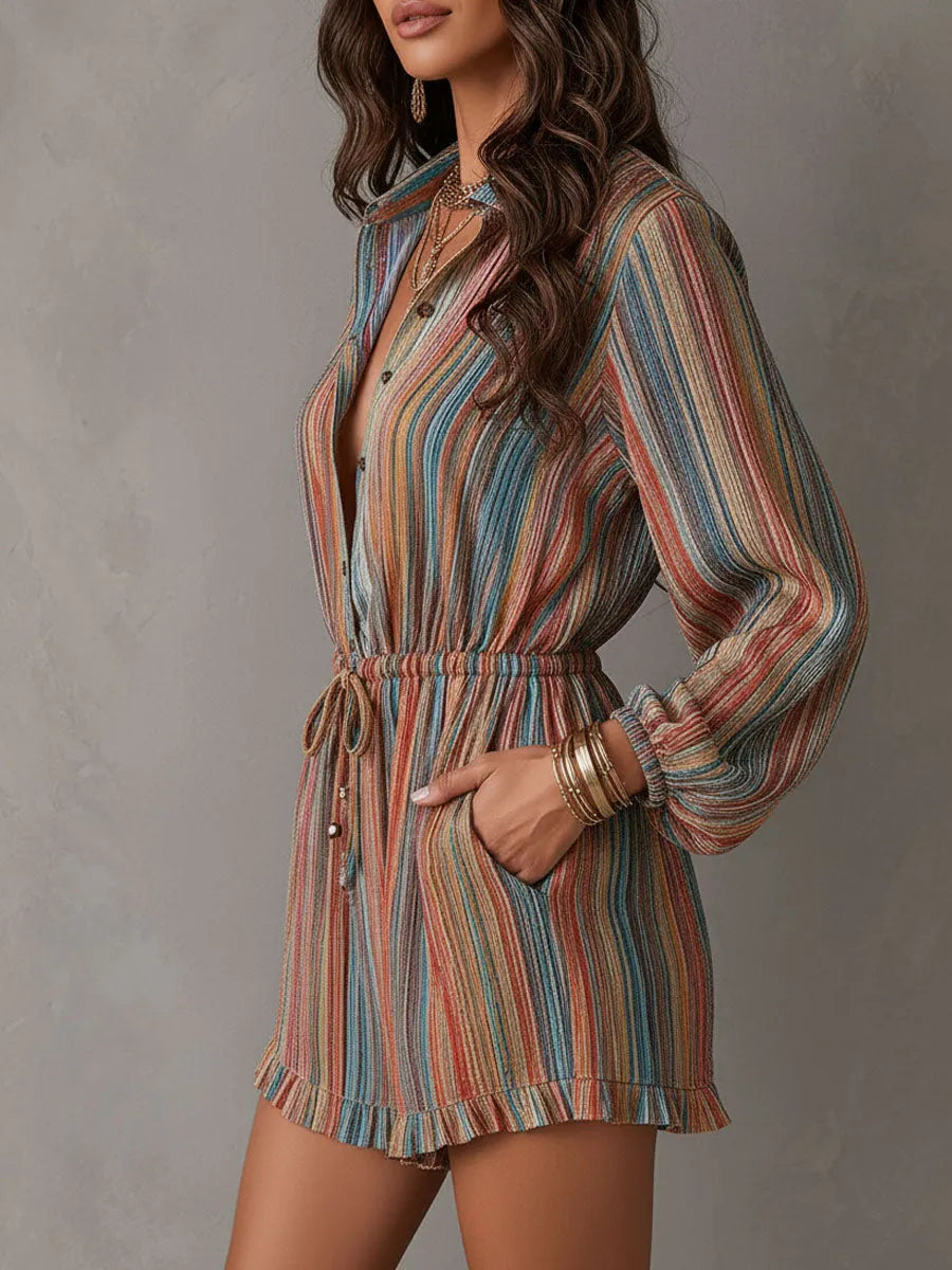 Boho Rainbow Stripe Cotton Linen Blend Drawstring Waist Romper