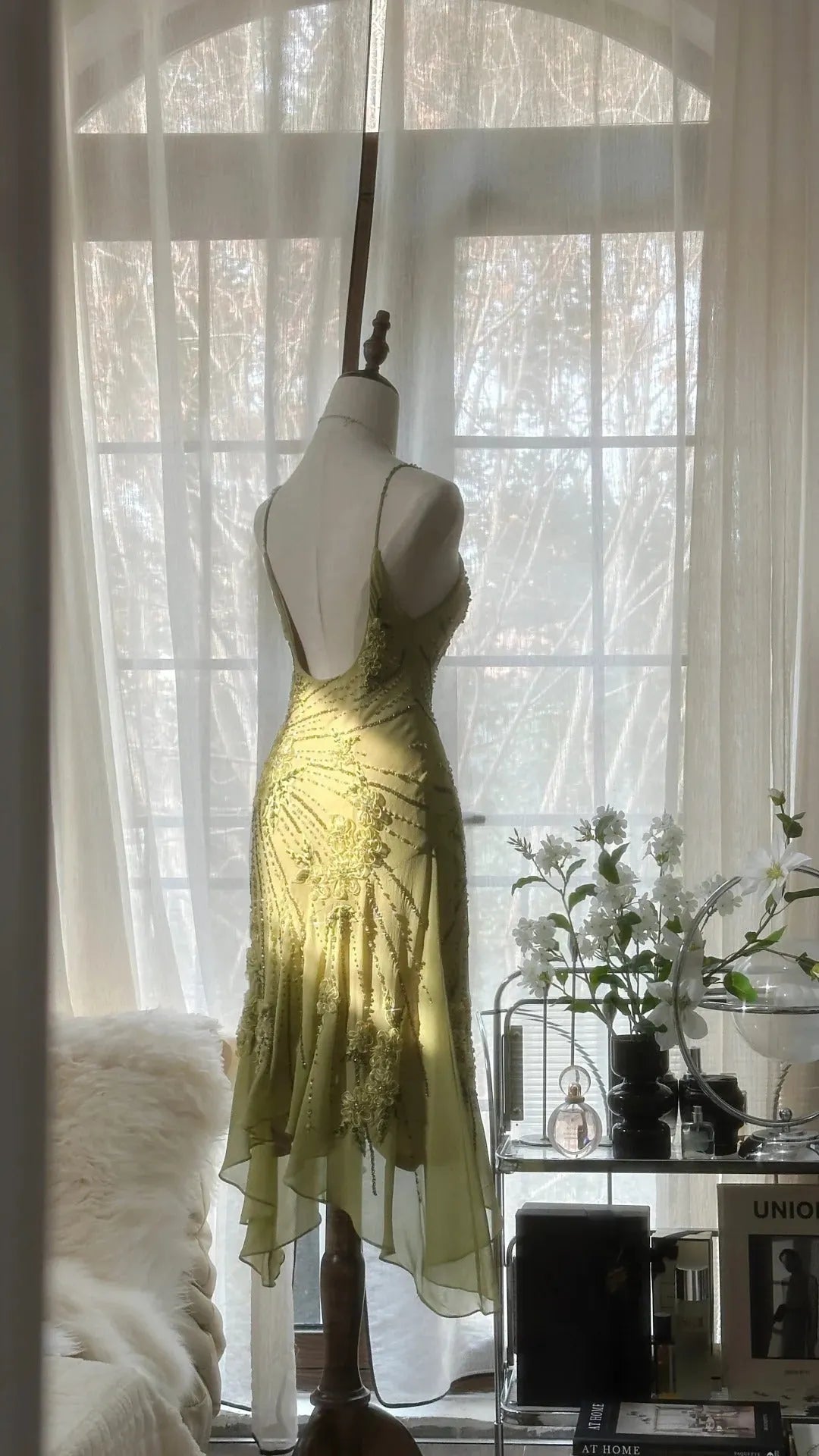Green Romantic Fashion Elegant Delicate Floral Appliqu ̈¦ Beaded Spaetti Straps Midi/Short Chiffon Ruffle Ball Gown Evening Gown Party Gown 4060