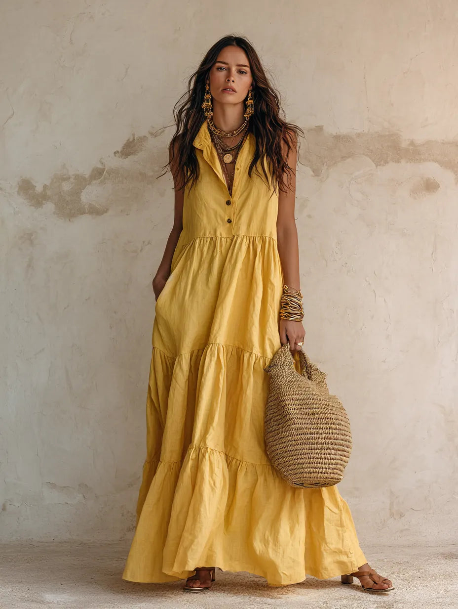 Effortless Resort Linen Collared Button-Front Tiered Ginger Maxi Dress