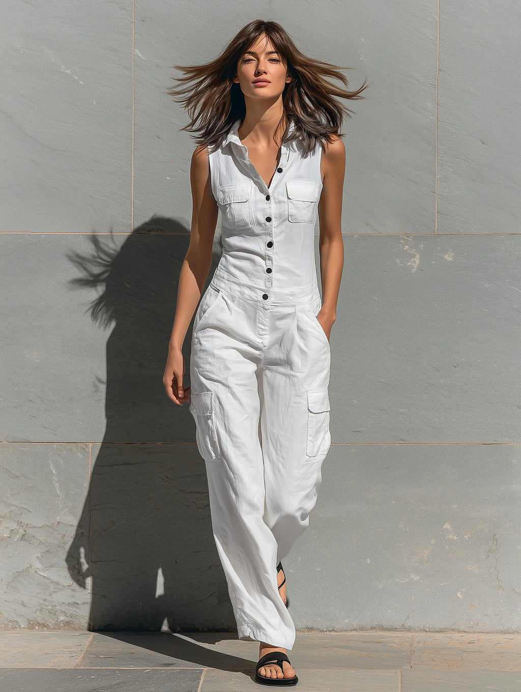 Women's Minimalist Cotton Blend Single-breasted Sleeveless Jumpsuit MDZ1304A4Y