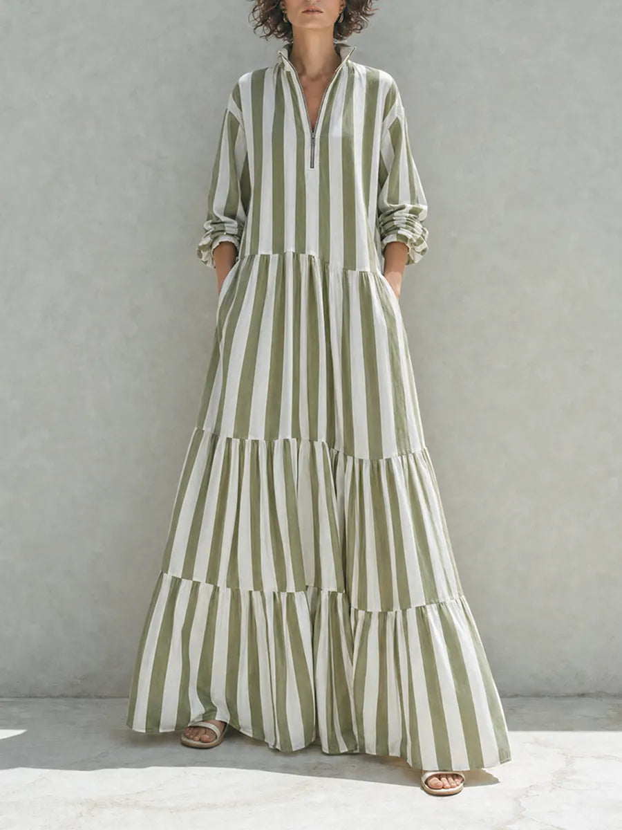 Women's Resort-Style Green And White Striped Stand-Collar Zip Long-Sleeve Tiered Full-Flare Cotton Maxi Dress MDZ1532G2CMX
