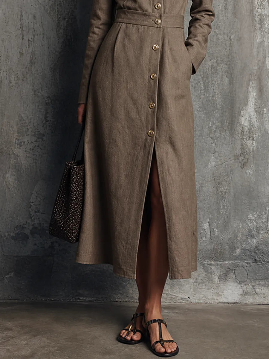 Women's Light Luxury Style Brown Cotton Linen Round Neck Long Sleeve Single-Breasted Slit Midi Dress MDZ0609G3GMJ