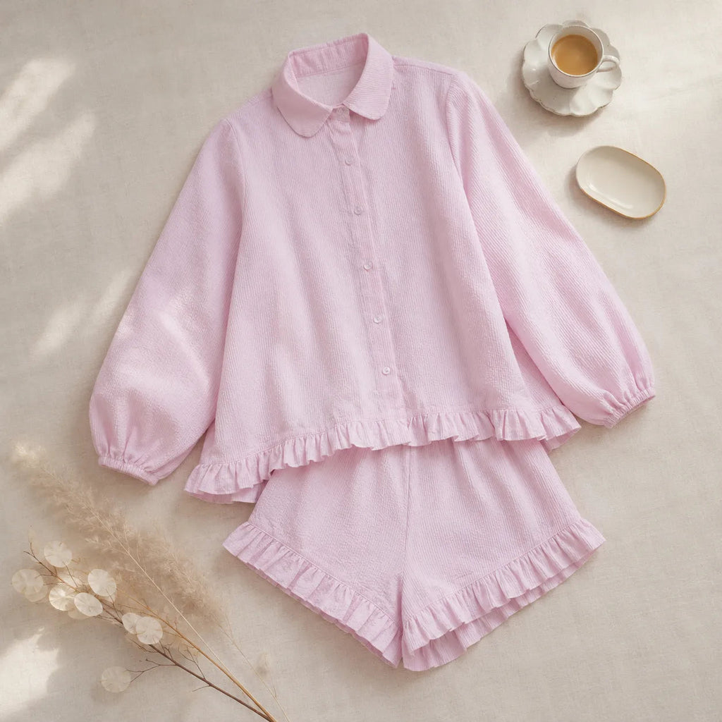 Lunevie – Ruffled Two-Piece Lounge Set with Puff Sleeves