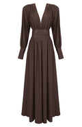 Long Sleeve Plunge V Neck Maxi Dress Brown