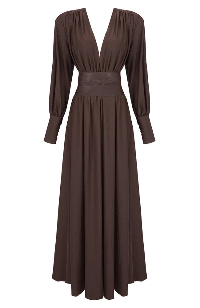 Long Sleeve Plunge V Neck Maxi Dress Brown