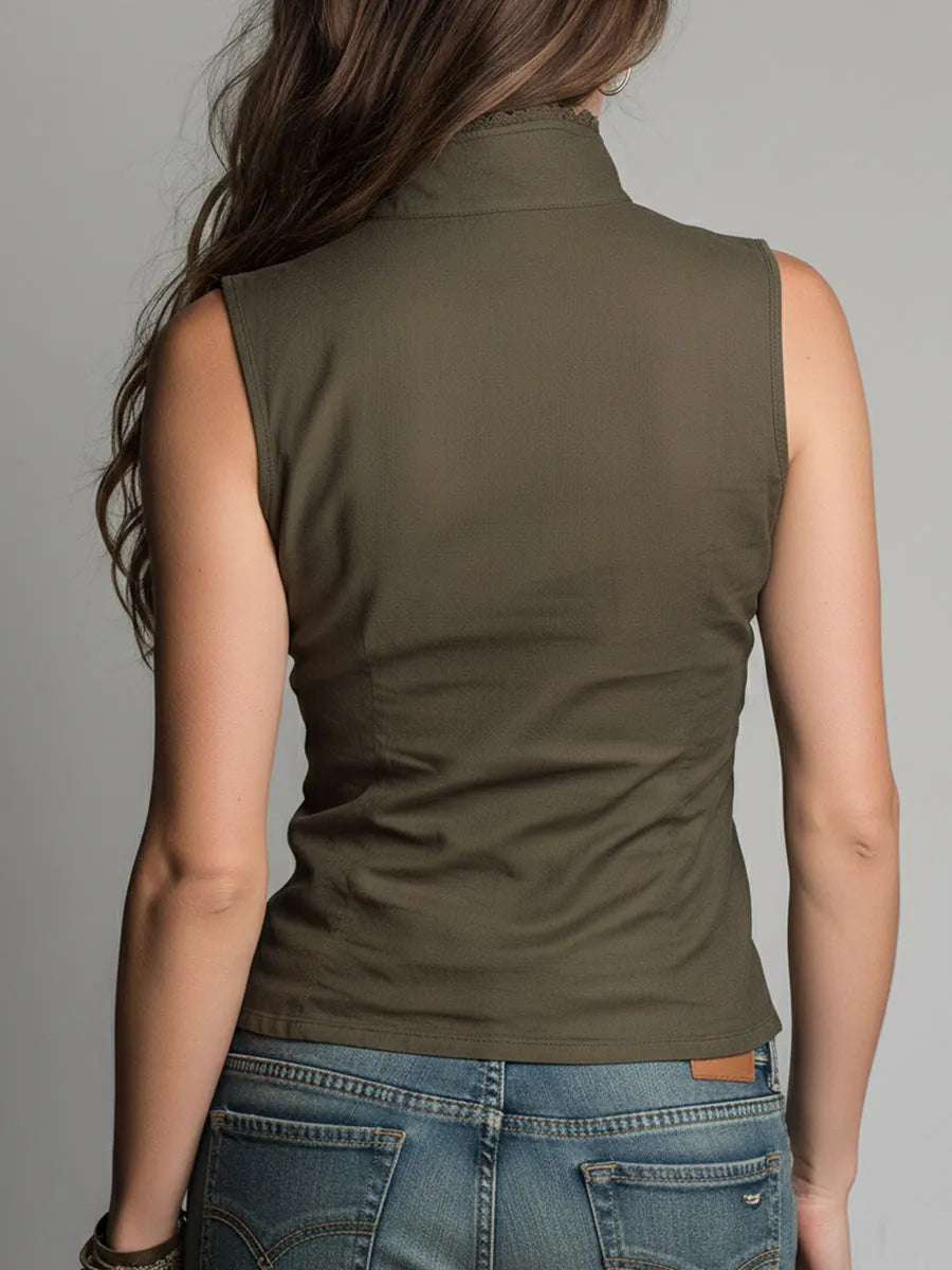 Bohemian Linen-blend Sleeveless Shirt With Lace Trim