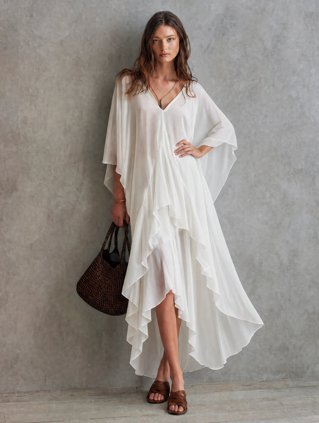 Women's Casual White Chiffon Maxi Dress With V-neck And Batwing Sleeves MDZ1728G4LXY