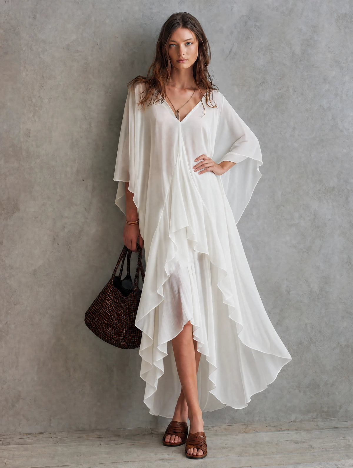 Women's Casual White Chiffon Maxi Dress With V-neck And Batwing Sleeves MDZ1728G4LXY