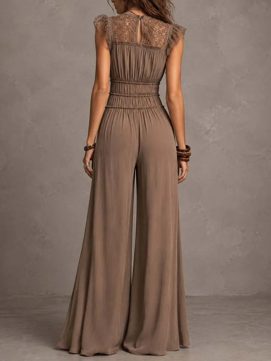Mocha Brown Chiffon & Lace Flutter Sleeve Wide-Leg Jumpsuit
