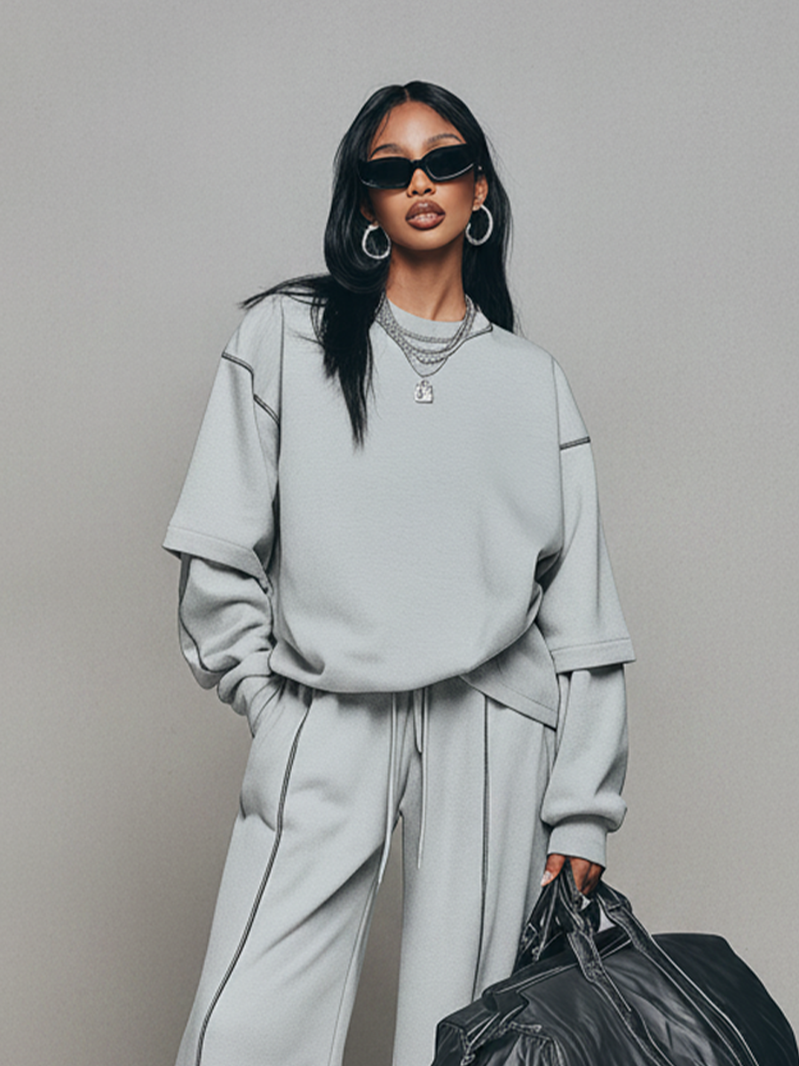 Women's Ash Gray Knit Co-Ord With Oversized Crew Neck Layered Top & Drawstring Waist Stitch Trim Trousers, Modern Loose Athleisure Daily Outfit MDZ2951F7LYL