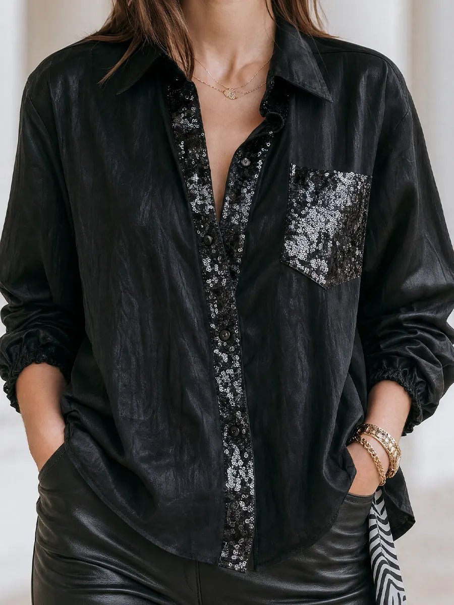 Effortless Evening Shiny Oversized Collared Shirt Top