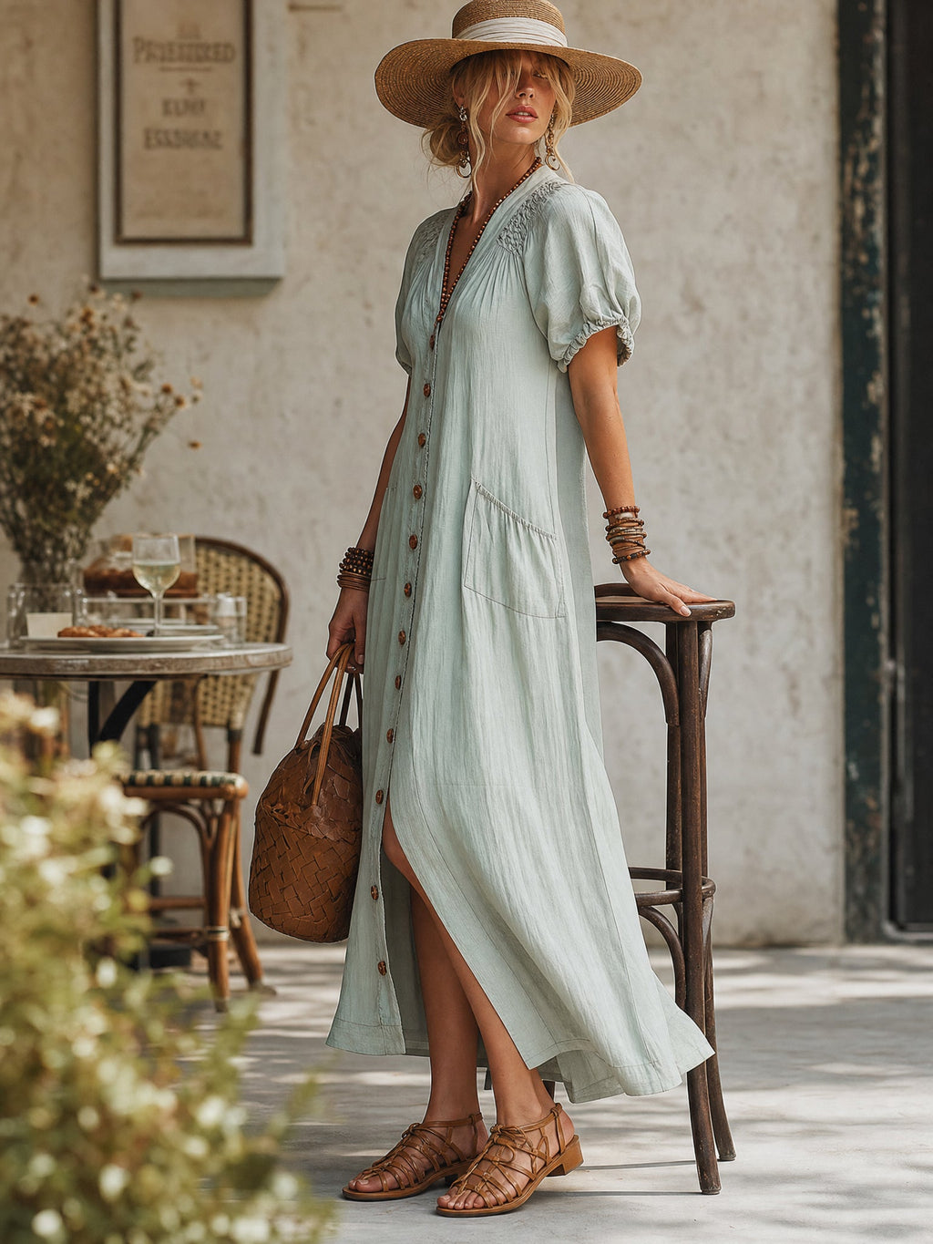 Blue Linen Button Front Short Sleeve Maxi Dress