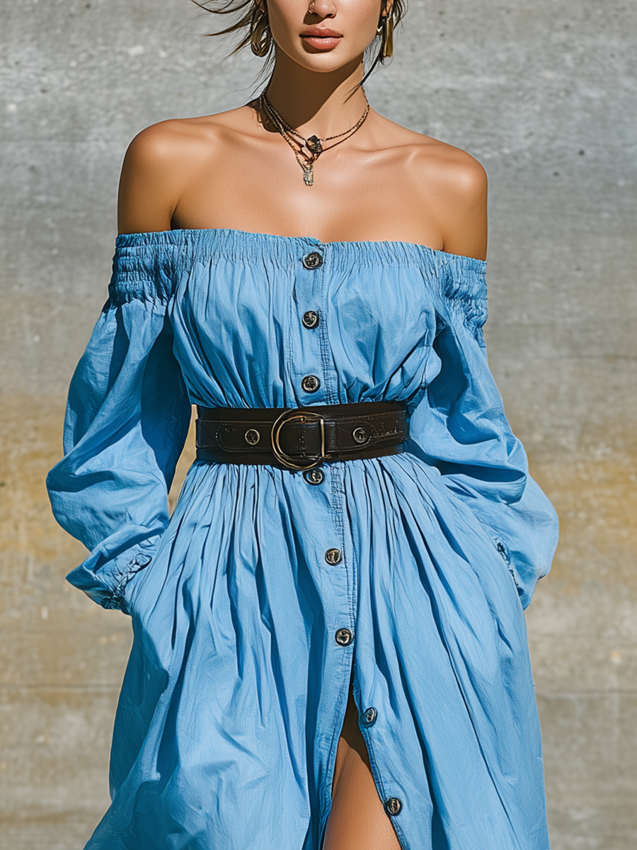 Women's Sky Blue Off Cotton Blend The Shoulder Elastic Long Sleeve Button Front Self Belt Front Slit Side Pocket Maxi Dress MDZ2268G6YZJ