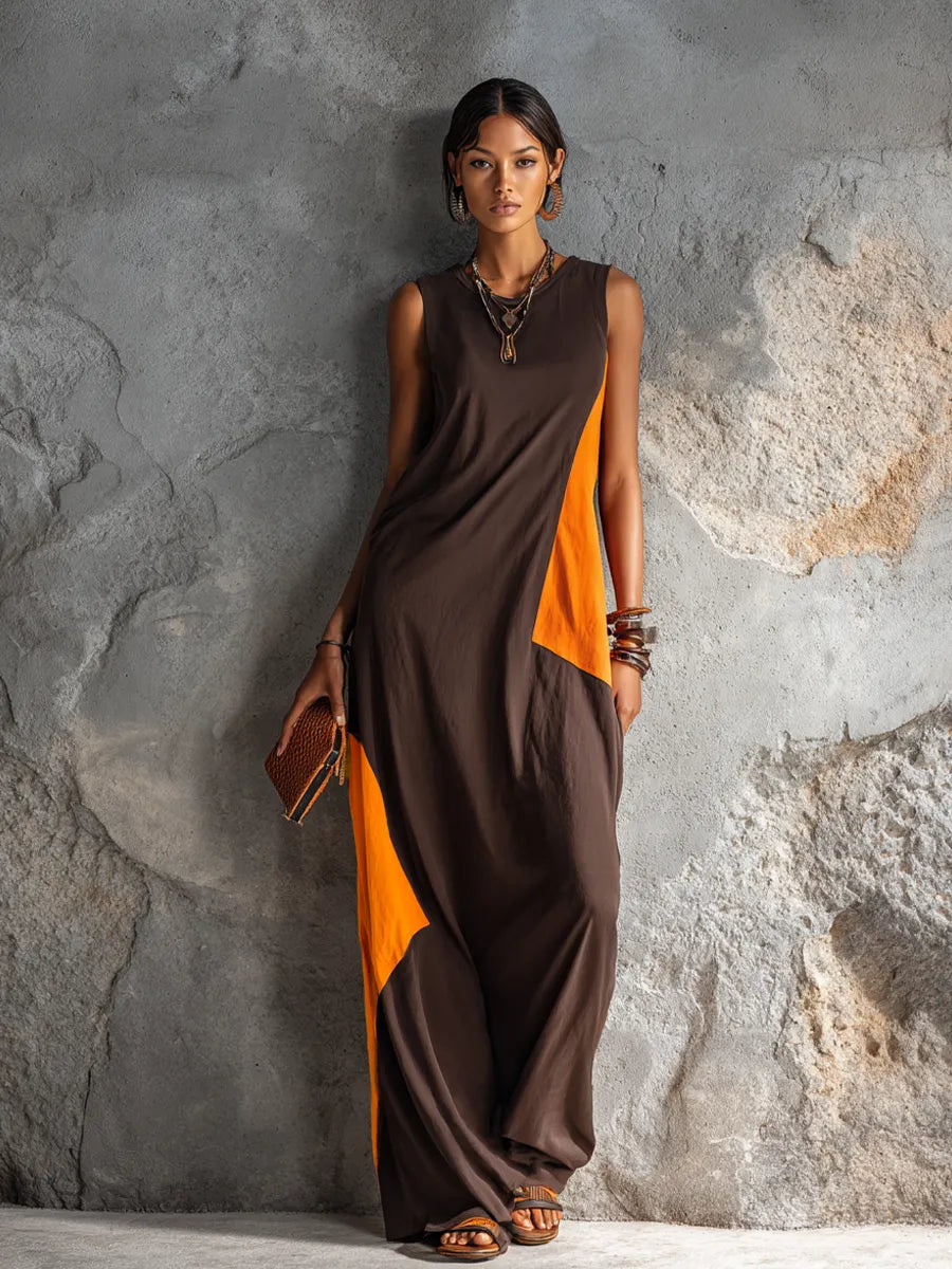 Women's Casual Style Dark Brown And Bright Orange Color-Blocked Cotton Blend Sleeveless Irregular Patchwork Long Dress MDZ2419F3GMJ