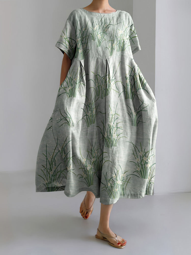 Women's Japanese Flower Art Short Sleeve Midi Dress