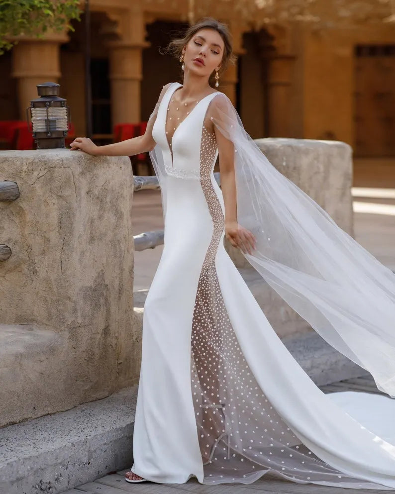 boho satin long bride bridal ivory summer tulle wedding dress beach mermaid peas sexy open v neck bridal bohemian light bride Unique wedding