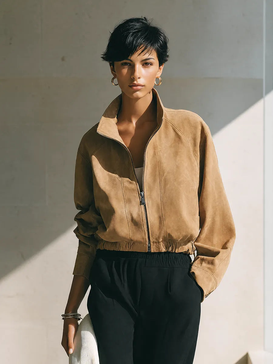 Women's Fashion Cropped Suede Stand‑Collar Zipper Jacket MDZ1579G7ZRK