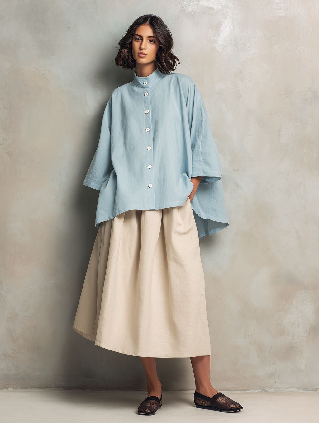 Women's Casual Light Blue Cotton-linen Long-sleeve Shirt Paired With A Khaki Cotton-linen Skirt MDZ2615F7LXY