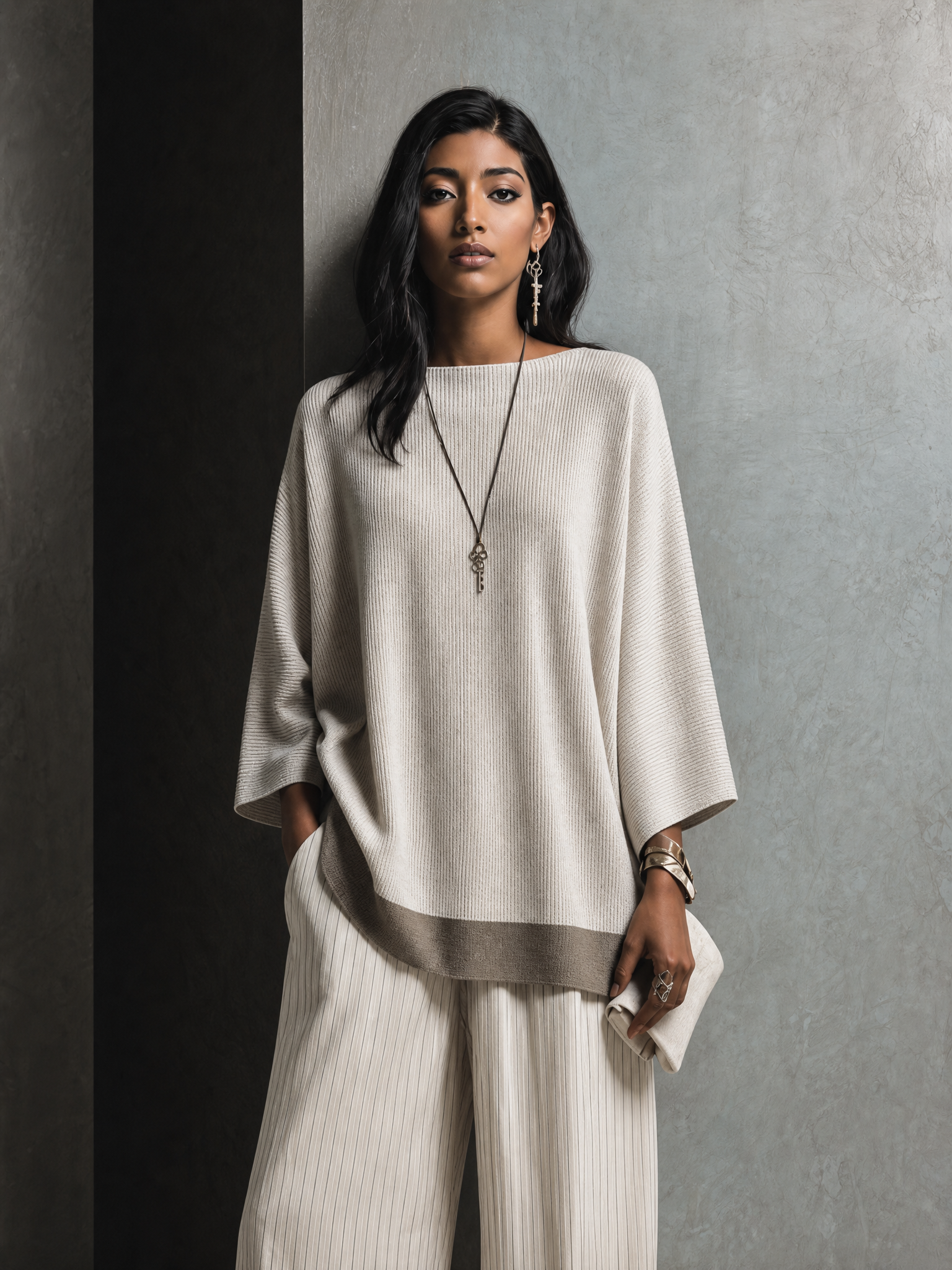 Women's Minimalist Ivory Knit Ribbed Batwing Sleeve Loose Top MDZ2400G3GMJ