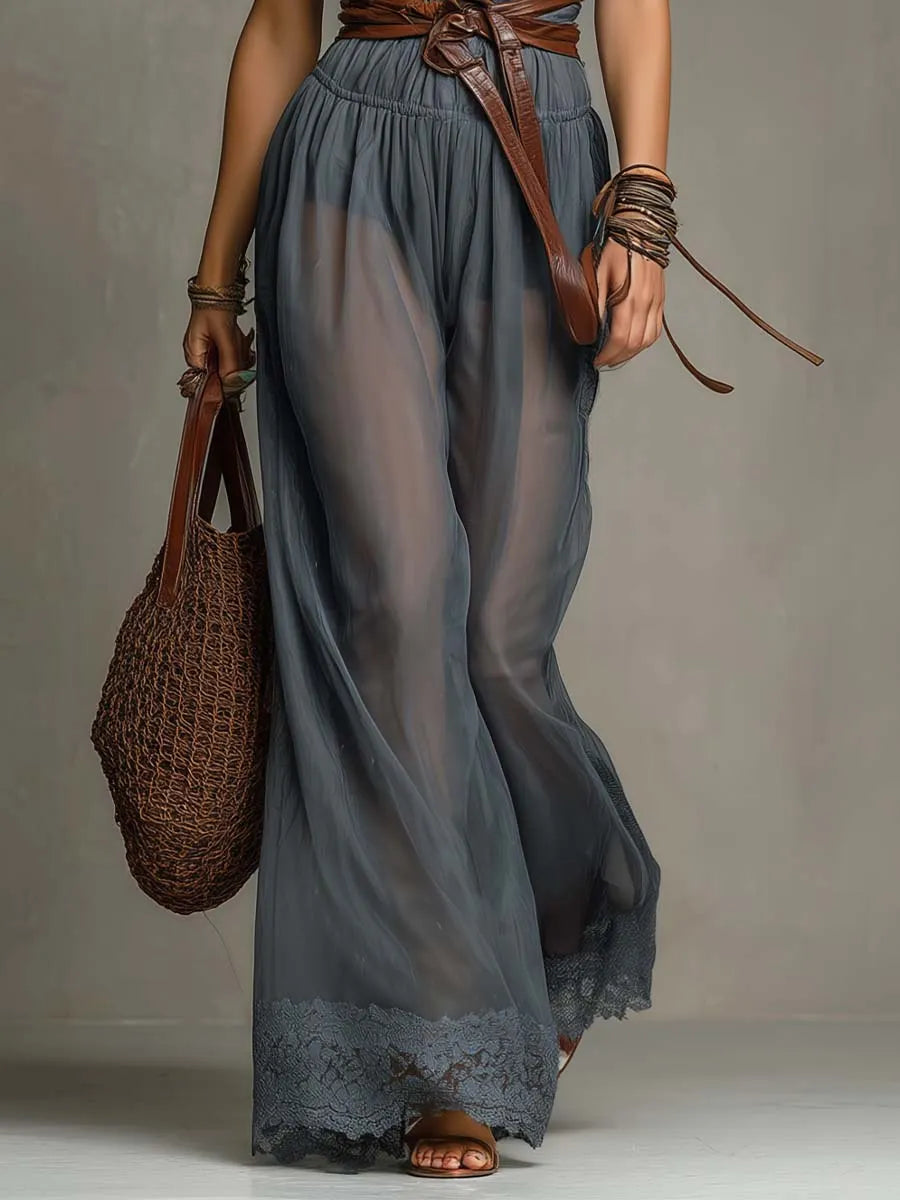 Smoky Blue Sheer Chiffon Halter Neck Lace Trimmed Jumpsuit