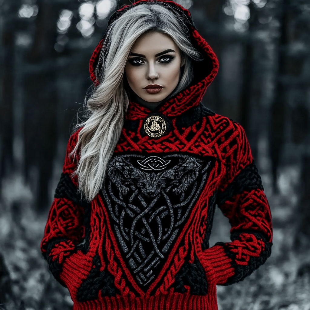 Vintage Viking Wolf Rune Chunky Knit Jacquard Hooded Sweater