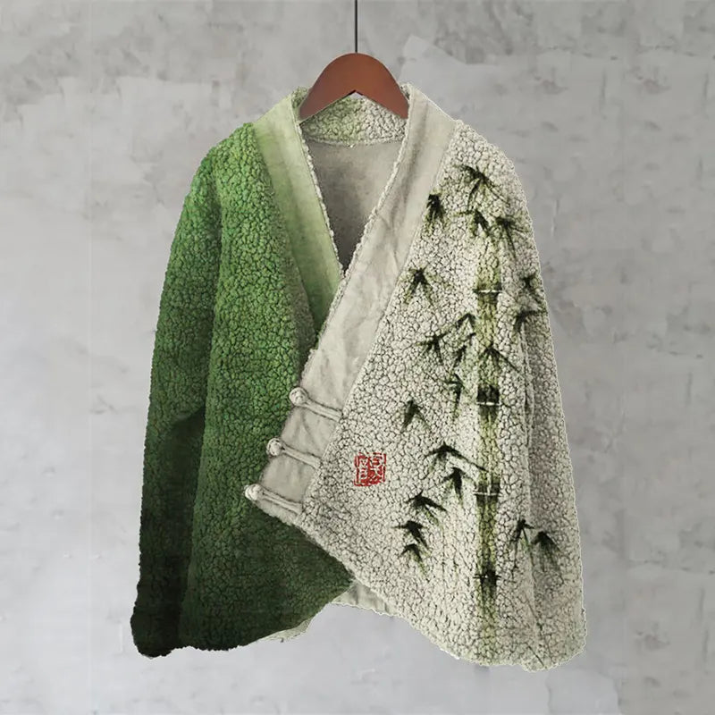Bamboo Japanese Art Contrast Color Cozy Fleece Kimono Cardigan