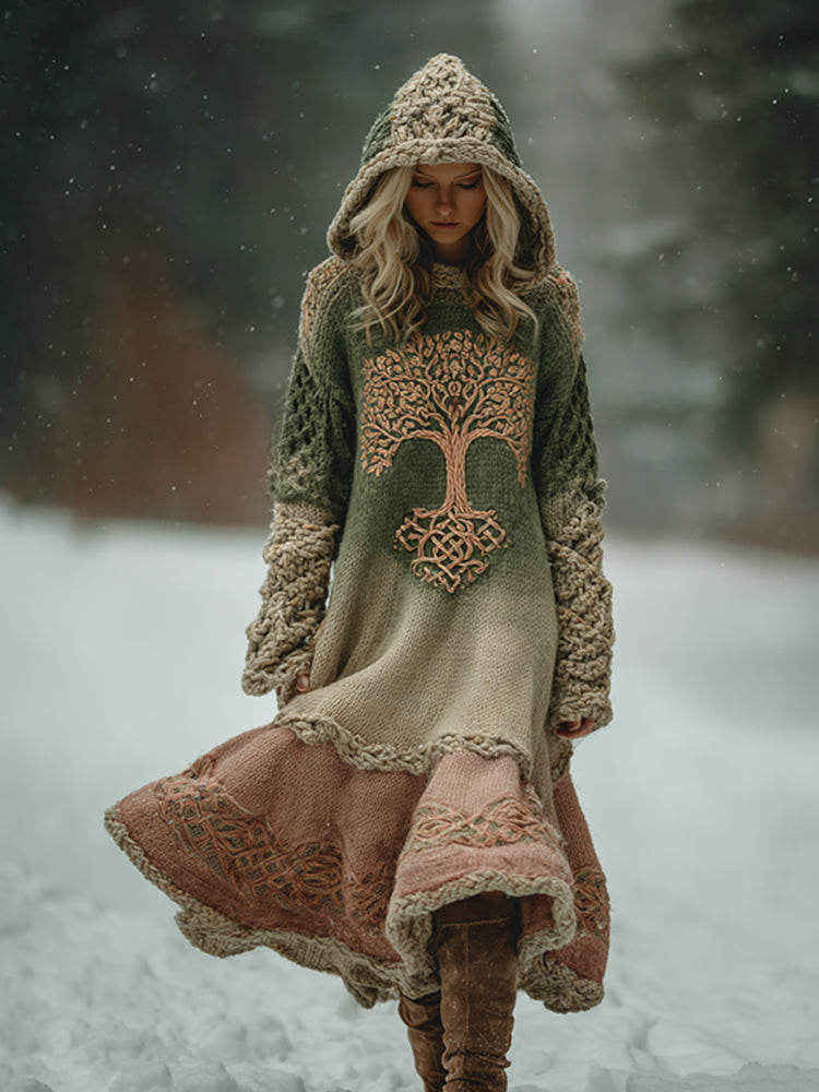 Women's Vintage Celtic Tree Of Life Ombre Hooded Sweater Midi Dress