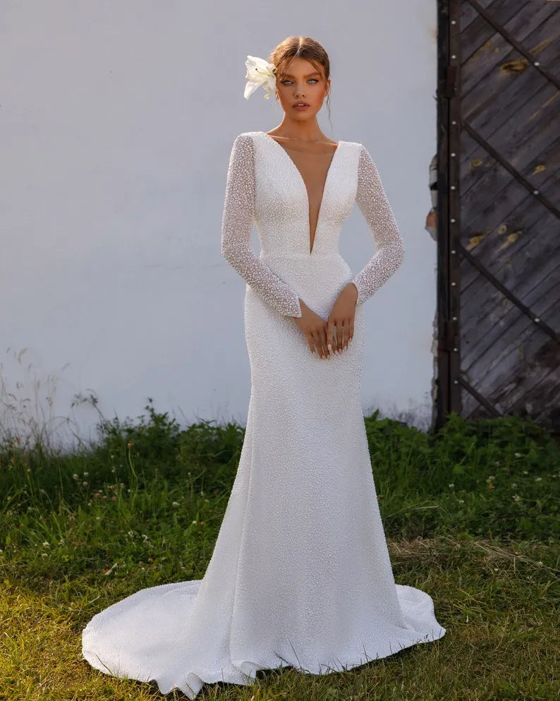 Lace boho bride bridal ivory v neck long wedding dress glitter mermaid shine sexy detachable train removable satin bohemian beach summer