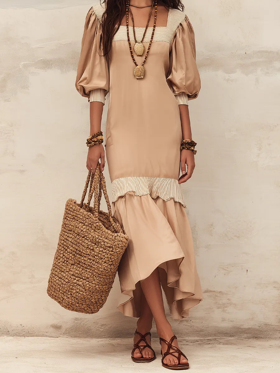 Flowy Nude Ruffled Dress With Puff Sleeves ¡ª An Elegant With Effortless Feminine Style  Maxi Dress