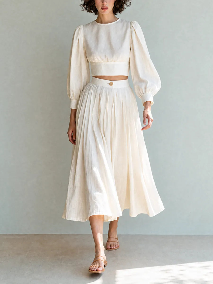Women's Elegant Casual Ivory Linen Round-Neck Puff-Sleeve Cropped Top & High-Waisted Midi Skirt Set MDZ2083G8CMX