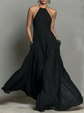 Black Minimalist Faux Linen Blend Backless Halter Neck Sleeveless Maxi Dress