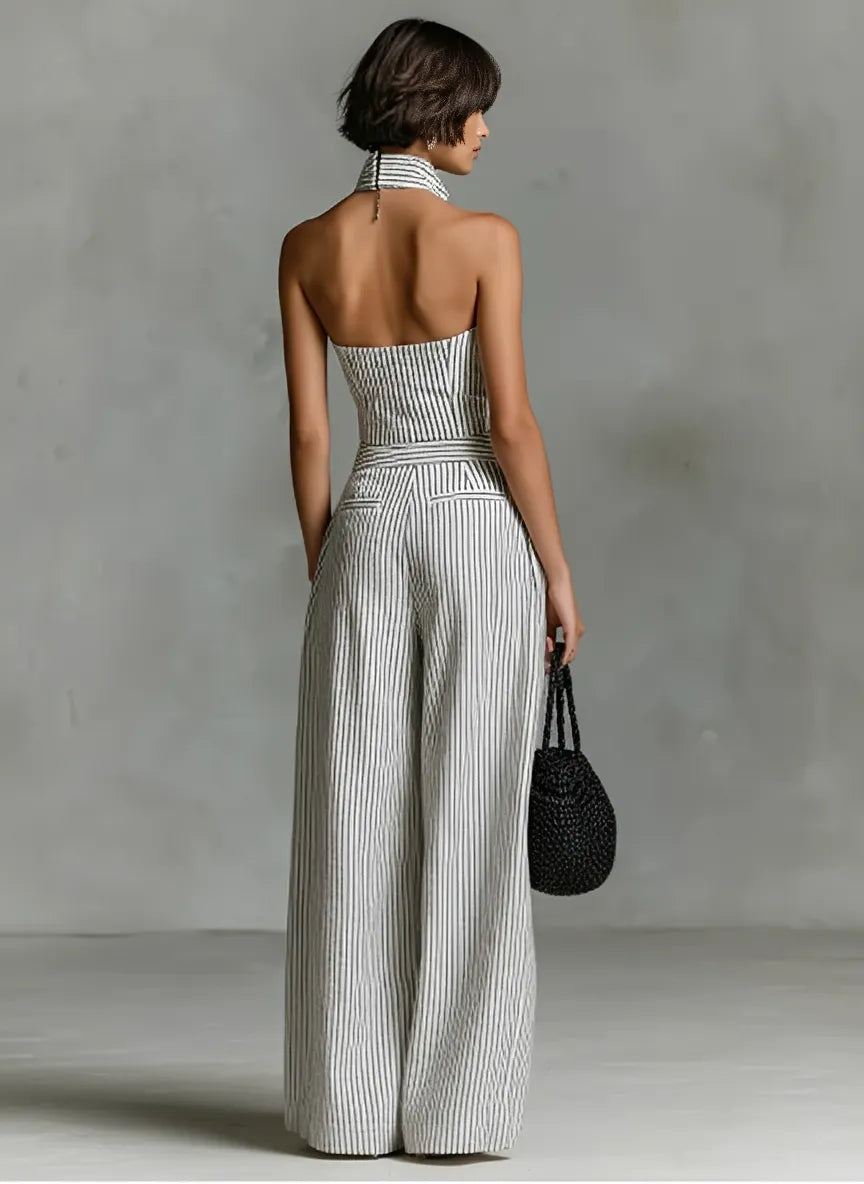 Women's Minimalist Striped Linen Sleeveless Single-Breasted Jumpsuit MDZ1950C7Y