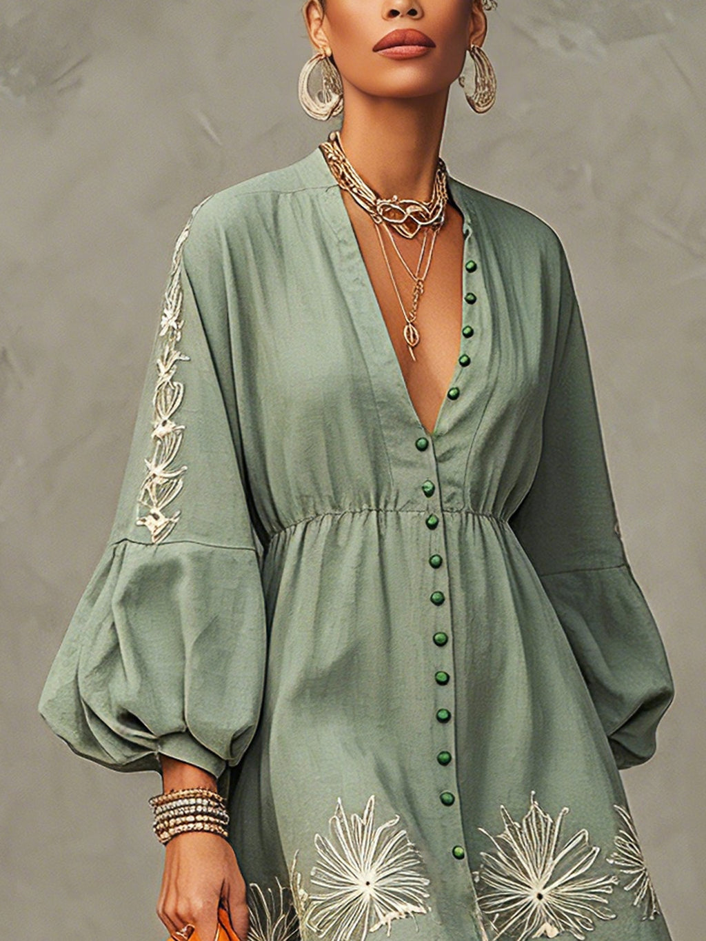 Moss Green Linen Blend Embroidered Mini Dress