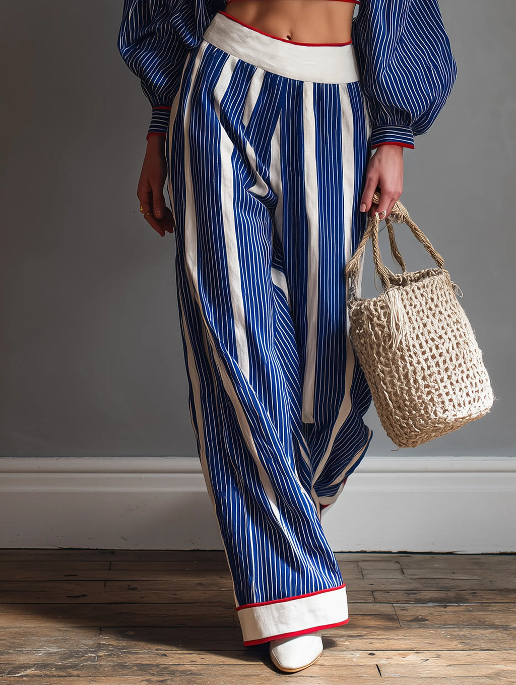 Women's Casual Striped Long-Sleeve Blouse And Straight-Leg Pants Set MDZ0920G9WY