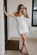 Elegant beaded off-the-shoulder short wedding dress. Sexy stylized pleated mini corset dress. Custom wedding dress, made to measure.