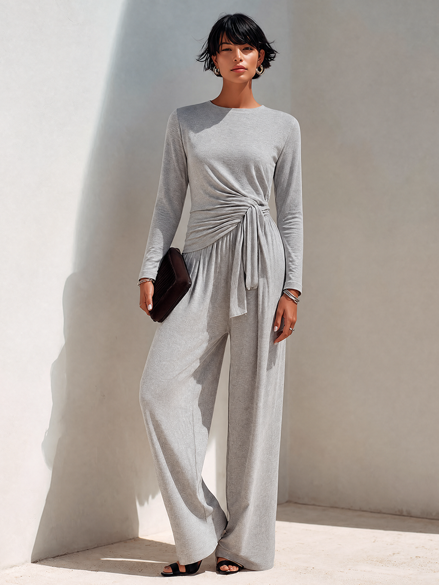 Women's Soft Light Grey Cotton-Blend Long-Sleeve Wrap Top & Wide-Leg Pants Set MDZ2286G0ZRK