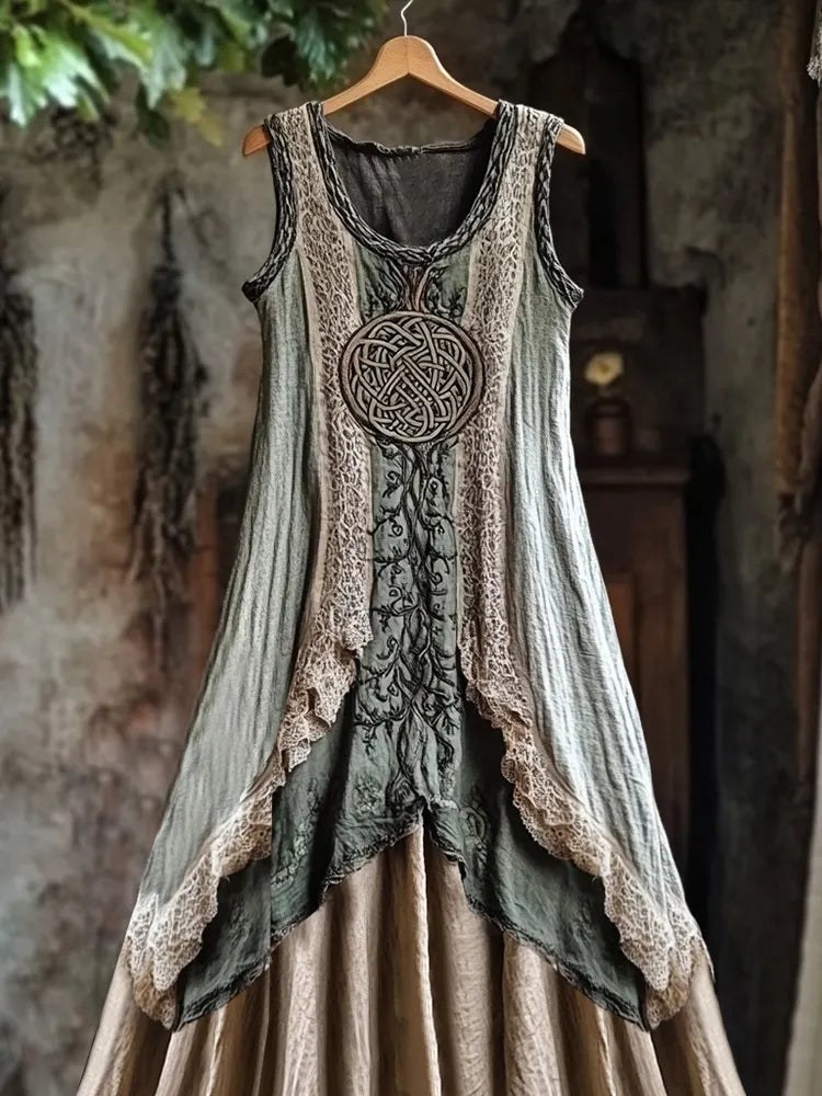 Tribal Celtic Knot Plant Embroidery Lace Patchwork Art Linen Tank Dress