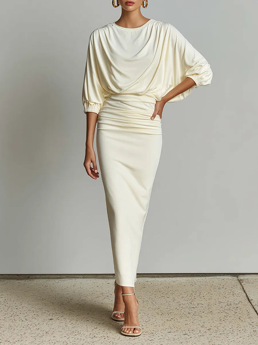 Women's Solid Off White Cotton-Blend Co-Ord With Elastic Cuff Three Quarter Sleeve Top & Bodycon Ruched Waist Midi Skirt, Chic Formal Evening Two-Piece Set MDZ1644G4LYL
