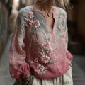 Women's Vintage Pink Floral Gradient Pattern Linen V-neck T-shirt