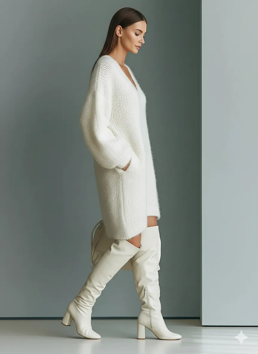 Women's White Elegant V - Neck Mini Sweater Dress MDA1331J0I