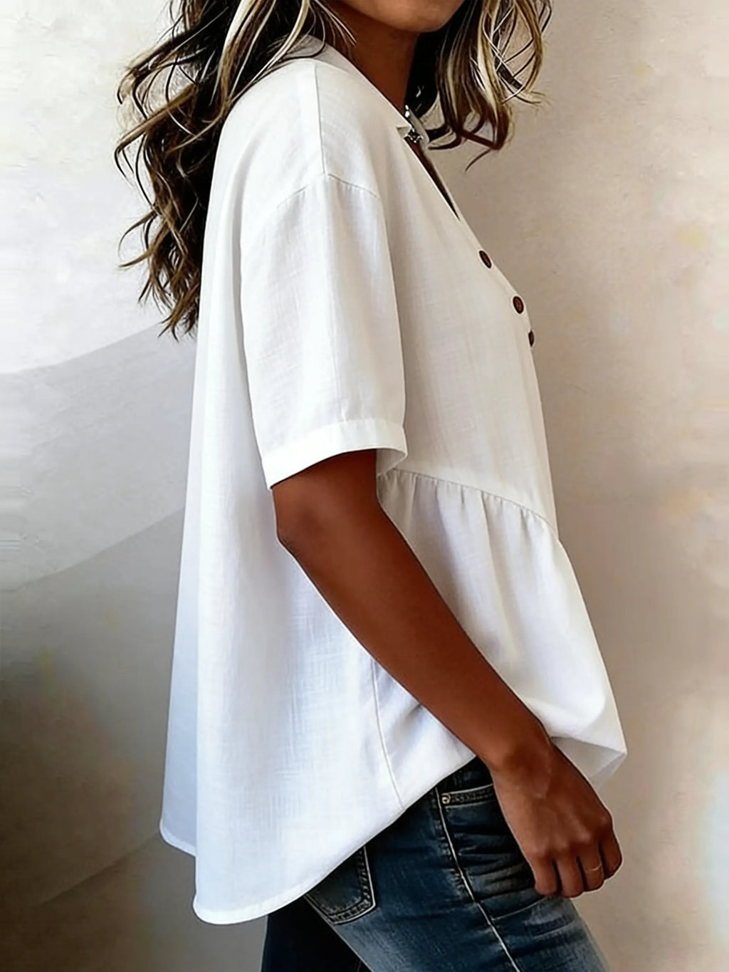 Casual Buttons Ruffled Hem Cotton-linen Shirt Top