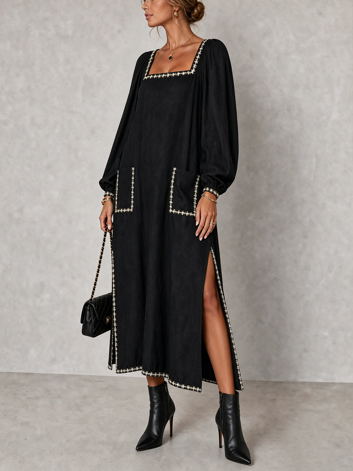 Black Square Neck Trim Pocket Maxi Dress