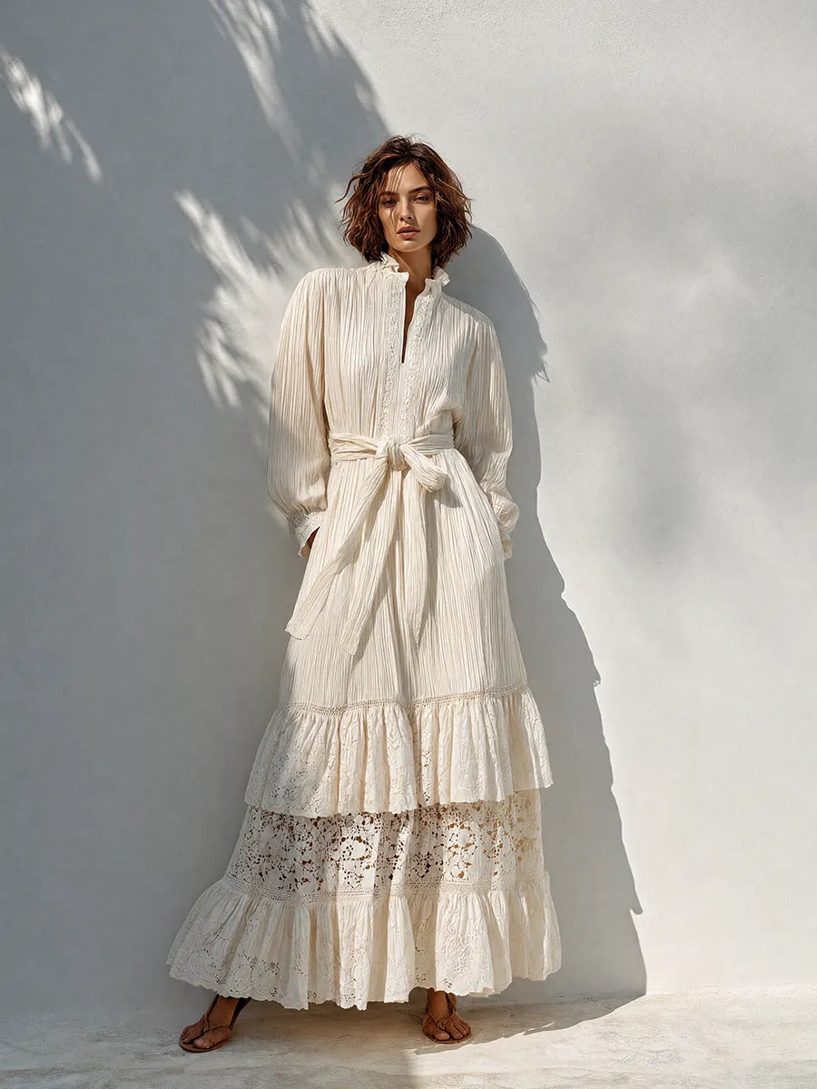 Women's Bohemian Resort-Style Off-white Ruffled Stand-Collar Bishop-Sleeve Belted Pleated Lace-Paneled Maxi Dress MDZ1432G3CMX