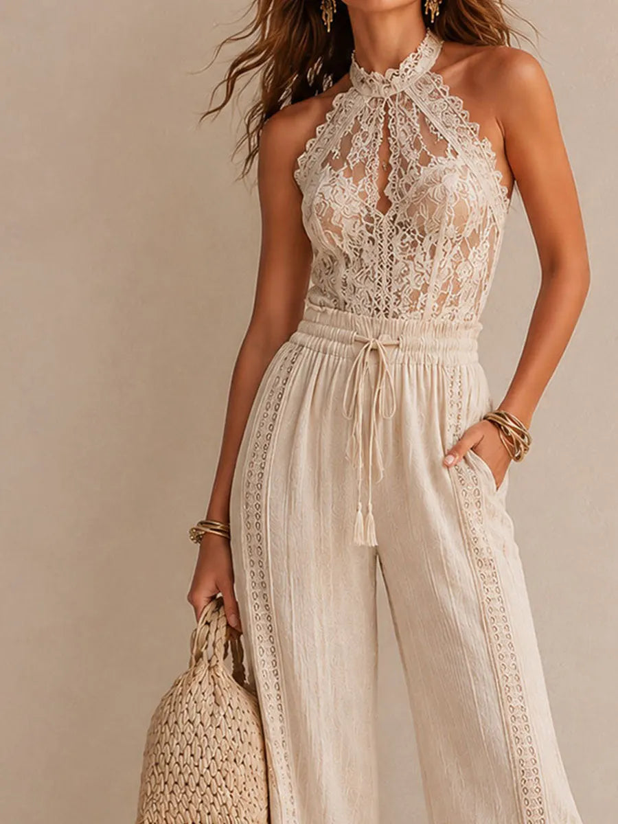 Boho Beige Lace Halter Drawstring Waist Wide-Leg Jumpsuit With Frayed Hem