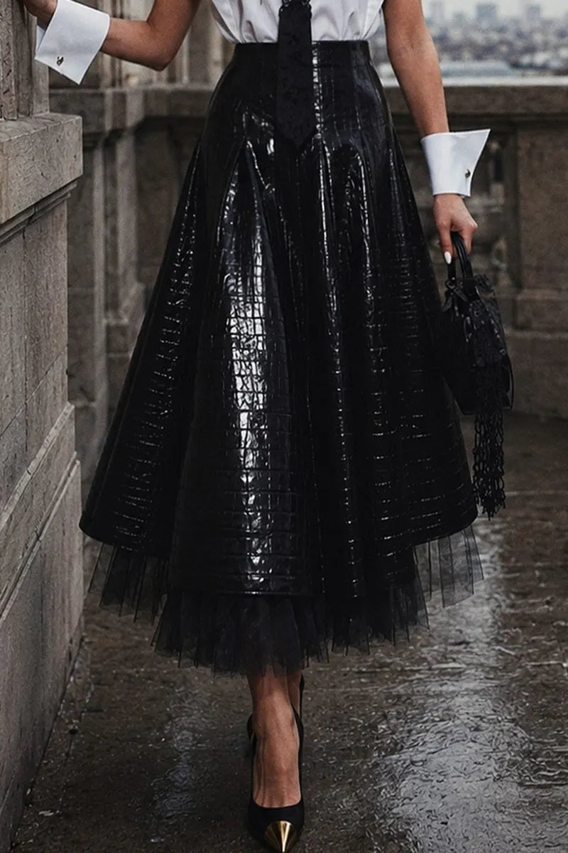 Women's Fashion Wide Shoulder Shirts & Leather Mesh Panel Skirt