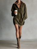 Women's Simple Loose Leather Lapel Spliced Suede Mini Dress MDA0233I3Y