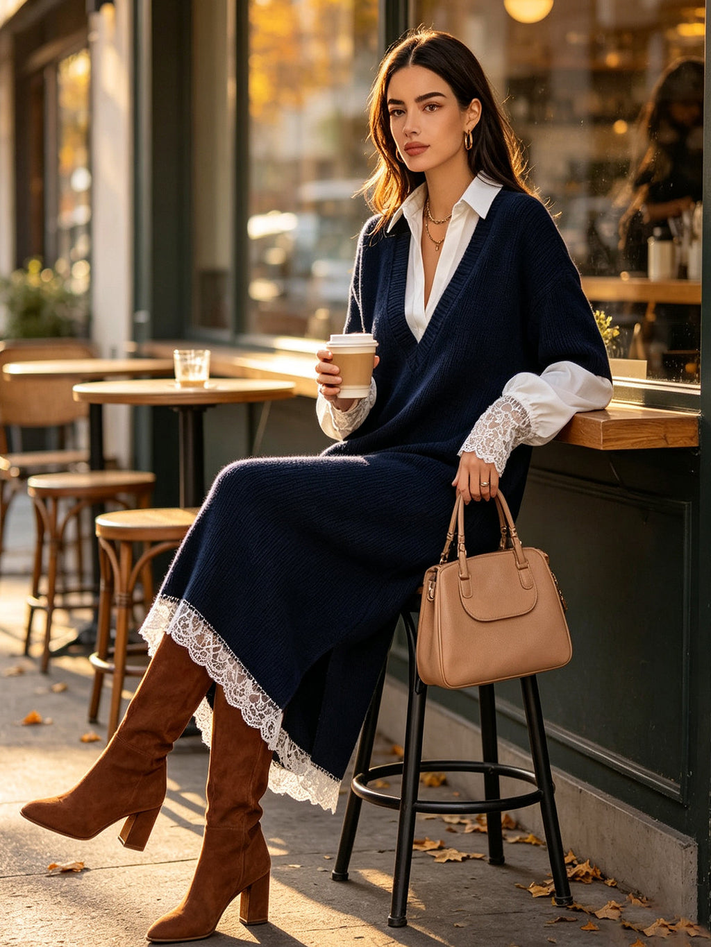 Navy Layered Lace Trim Knit Midi Dress