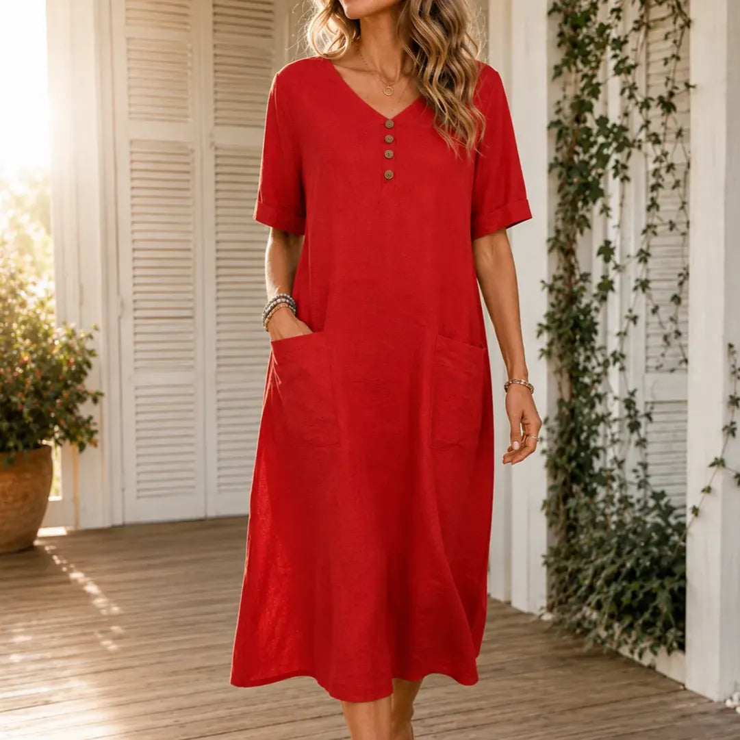 Lorelane – Relaxed V-Neck Midi Dress with Pockets for Women