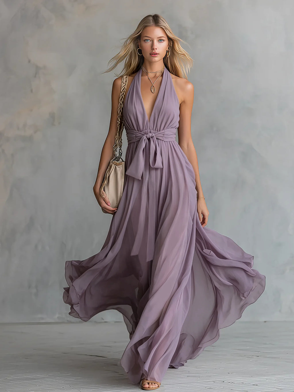 Elegant And Stylish Halter Neck V-neck Sleeveless Chiffon Maxi Dress